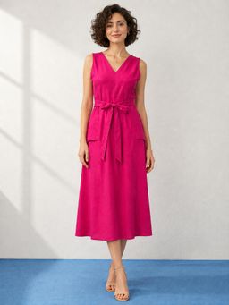 PURVAJA - Womens Fit and Flared Midi Length V-Neck Solid Dress with Belt