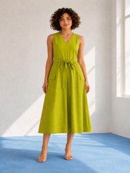 PURVAJA - Womens Fit and Flared Midi Length V-Neck Solid Dress with Belt