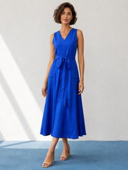 PURVAJA - Womens Fit and Flared Midi Length V-Neck Solid Dress with Belt
