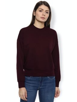 Van Heusen - Women Maroon Solid Crew Neck Sweatshirt