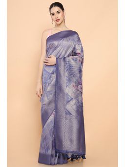 Soch - Women Blue Cotton Printed Saree with Unstitched Blouse
