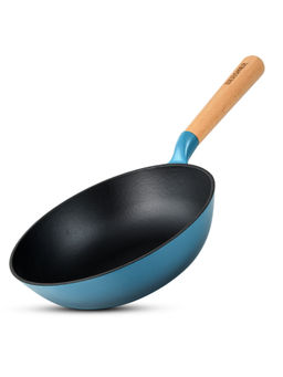 Bergner - Excalibur Cast Iron Blue Sturdy Wooden Handle Wok (24 cm)