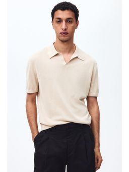 H&M - Men Beige Regular Fit Silk-Blend Polo T-Shirt