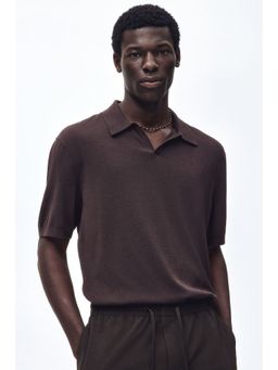 H&M - Men Brown Regular Fit Silk-Blend Polo T-Shirt