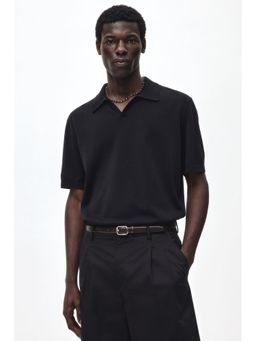 H&M - Men Black Regular Fit Silk-Blend Polo T-Shirt