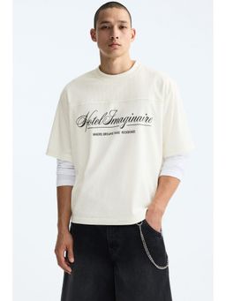H&M - Men White Oversized Fit Printed Mesh T-Shirt