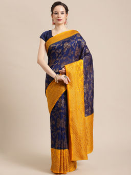 Banarasi Silk Works - Dupion Woven Saree Navy Blue with Unstitched Blouse