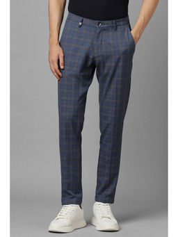 Louis Philippe - Men Navy Blue Slim Fit Checks Flat Front Casual Trouser