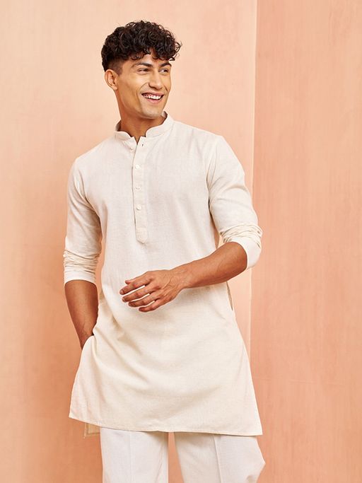 Vastramay Mens Cream Cotton Short Kurta
