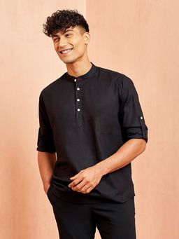 Vastramay - Mens Black Cotton Blend Short Kurta