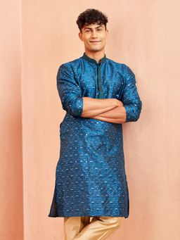 Vastramay - Mens Navy Blue Silk Blend Kurta