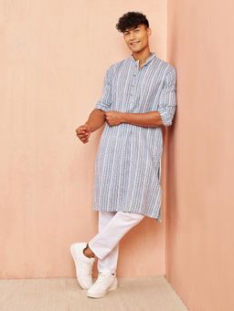 Vastramay - Mens Grey with White Cotton Kurta and Pyjama (Set of 2)