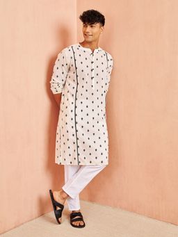 Vastramay - Mens Cream with White Cotton Kurta and Pyjama (Set of 2)