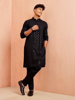 Vastramay - Mens Black Chikankari Embroidered Kurta with Pant (Set of 2)