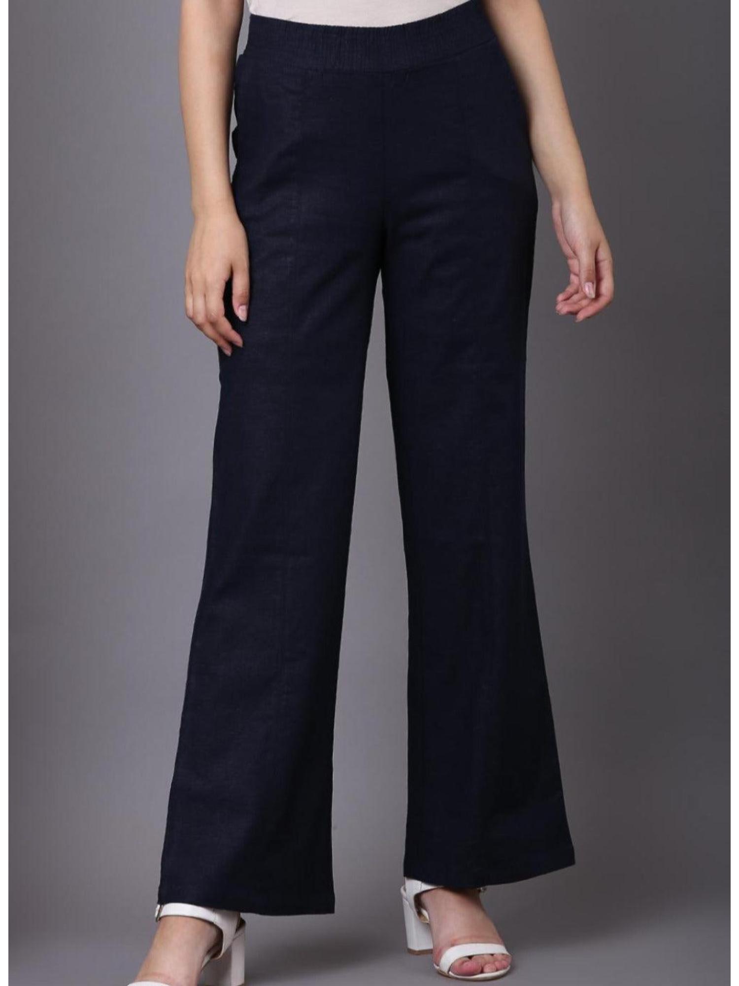 Navy Blue Cotton Linen Relaxed Fit Pant for Women