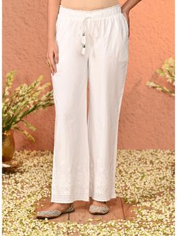 Lakshita - White Embroidered Relaxed Fit Cotton Palazzo for Women