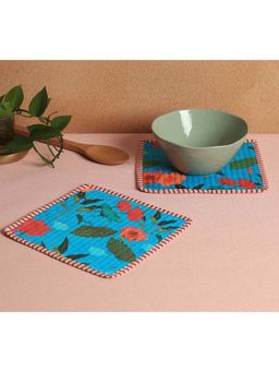 India Circus by Krsnaa Mehta - Blue Blossomy Mosaic Quilted Trivets (Pack of 2)