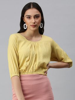 SHOWOFF - Women Round Neck Three Fourth Sleeves Solid Yellow Crop Top