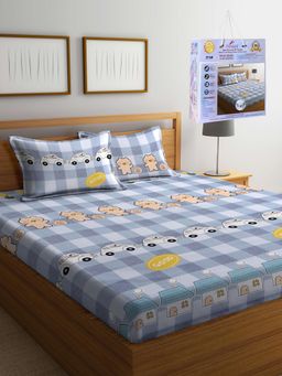 FABINALIV - Multicolor Cartoon Print Cotton Blend King Fitted Double Bedsheet with 2 Pillow Covers