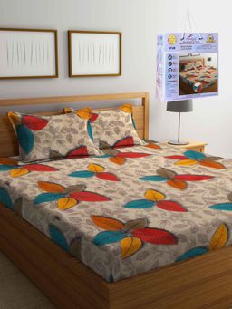 FABINALIV - Multicolor Floral Cotton Blend King Fitted Double Bedsheet with 2 Pillow Covers