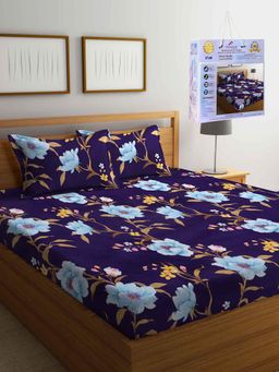 FABINALIV - Purple Floral Cotton Blend King Fitted Double Bedsheet with 2 Pillow Covers