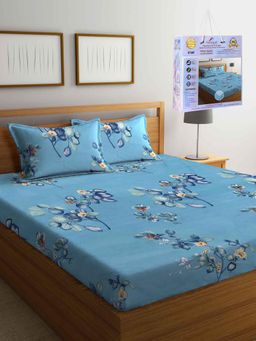FABINALIV - Blue Floral Cotton Blend King Fitted Double Bedsheet with 2 Pillow Covers