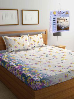 FABINALIV - Cream Floral Cotton Blend King Fitted Double Bedsheet with 2 Pillow Covers