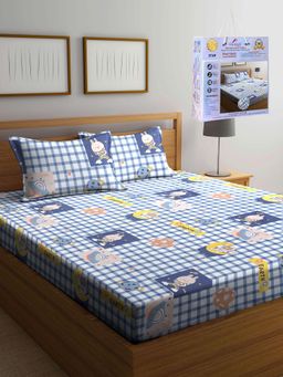 FABINALIV - Blue Cartoon Print Cotton Blend King Fitted Double Bedsheet with 2 Pillow Covers