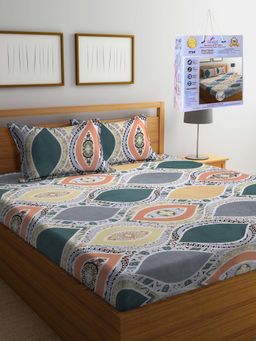 FABINALIV - Multicolor Motifs Cotton Blend King Fitted Double Bedsheet with 2 Pillow Covers