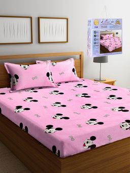 FABINALIV - Pink Cartoon Print Cotton Blend King Fitted Double Bedsheet with 2 Pillow Covers