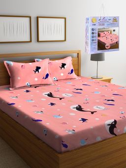 FABINALIV - Peach Print Cotton Blend King Fitted Double Bedsheet with 2 Pillow Covers