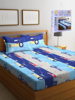 FABINALIV - Multicolor Cartoon Print Cotton Blend King Fitted Double Bedsheet with 2 Pillow Covers