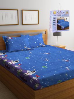FABINALIV - Blue Cartoon Print Cotton Blend King Fitted Double Bedsheet with 2 Pillow Covers