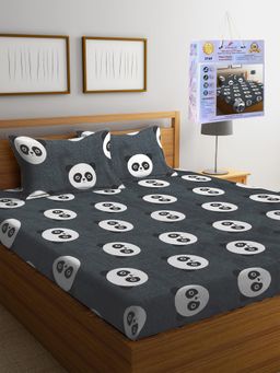 FABINALIV - Grey Cartoon Print Cotton Blend King Fitted Double Bedsheet with 2 Pillow Covers