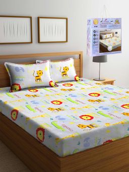 FABINALIV - Multicolor Cartoon Print Cotton Blend King Fitted Double Bedsheet with 2 Pillow Covers