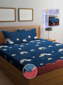 FABINALIV - Blue Cartoon Print Cotton Blend King Fitted Double Bedsheet with 2 Pillow Covers