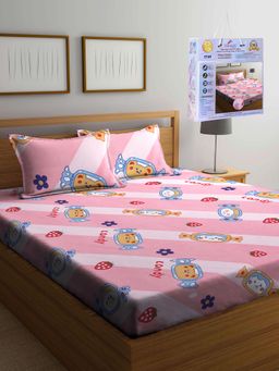 FABINALIV - Pink Cartoon Print Cotton Blend King Fitted Double Bedsheet with 2 Pillow Covers