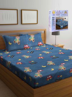 FABINALIV - Blue Cartoon Print Cotton Blend King Fitted Double Bedsheet with 2 Pillow Covers