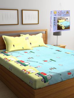FABINALIV - Multicolor Cartoon Print Cotton Blend King Fitted Double Bedsheet with 2 Pillow Covers