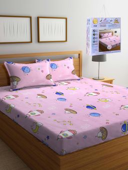 FABINALIV - Pink Cartoon Print Cotton Blend King Fitted Double Bedsheet with 2 Pillow Covers