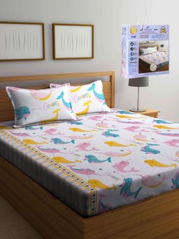 FABINALIV - Multicolor Cartoon Print Cotton Blend King Fitted Double Bedsheet with 2 Pillow Covers