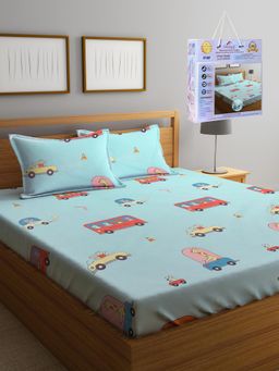 FABINALIV - Multicolor Cartoon Print Cotton Blend King Fitted Double Bedsheet with 2 Pillow Covers