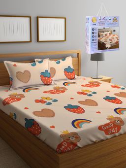 FABINALIV - Beige Cartoon Print Cotton Blend King Fitted Double Bedsheet with 2 Pillow Covers