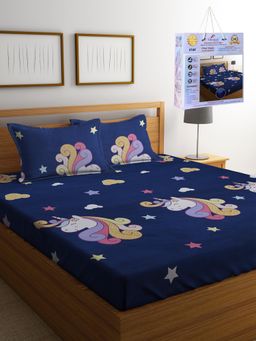 FABINALIV - Navy Blue Cartoon Print Cotton Blend King Fitted Double Bedsheet with 2 Pillow Covers
