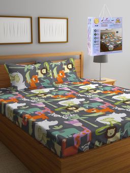 FABINALIV - Multicolor Cartoon Print Cotton Blend King Fitted Double Bedsheet with 2 Pillow Covers