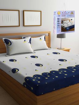 FABINALIV - Multicolor Cartoon Print Cotton Blend King Fitted Double Bedsheet with 2 Pillow Covers