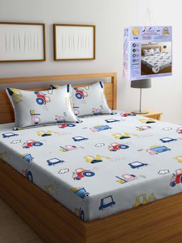 FABINALIV - Multicolor Cartoon Print Cotton Blend King Fitted Double Bedsheet with 2 Pillow Covers