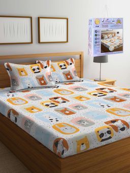 FABINALIV - Multicolor Cartoon Print Cotton Blend King Fitted Double Bedsheet with 2 Pillow Covers