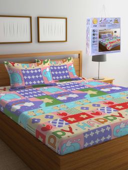 FABINALIV - Multicolor Cartoon Print Cotton Blend King Fitted Double Bedsheet with 2 Pillow Covers