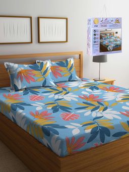 FABINALIV - Multicolor Floral Cotton Blend King Fitted Double Bedsheet with 2 Pillow Covers